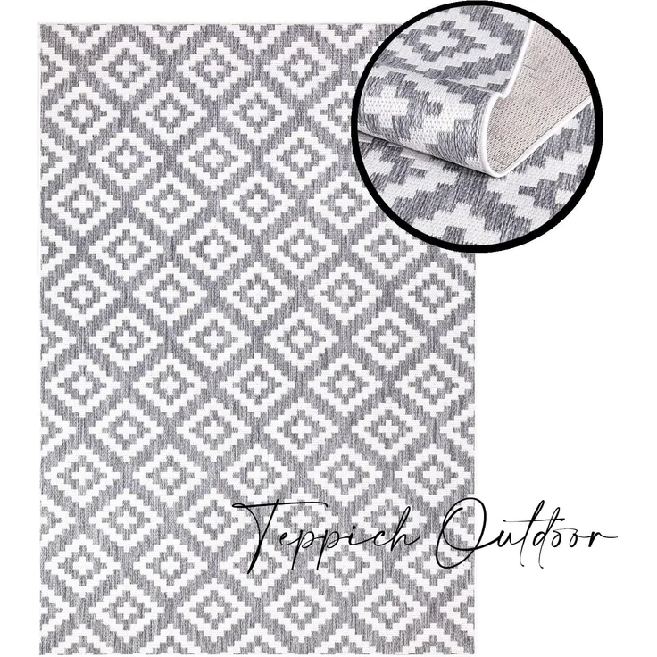 Outdoor Teppich Rund - 200x200cm - Wetterfest - Grau Weiß - Bordüre - Teppiche für Terrasse Balkon Garten Indoor – Bild 7