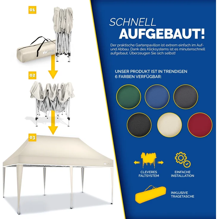 tillvex Pavillon 3x6m Beige wasserdicht | Pop-Up Faltpavillon höhenverstellbar | Gartenzelt UV Schutz 50+ | Partyzelt mit Tasche für Garten – Bild 8