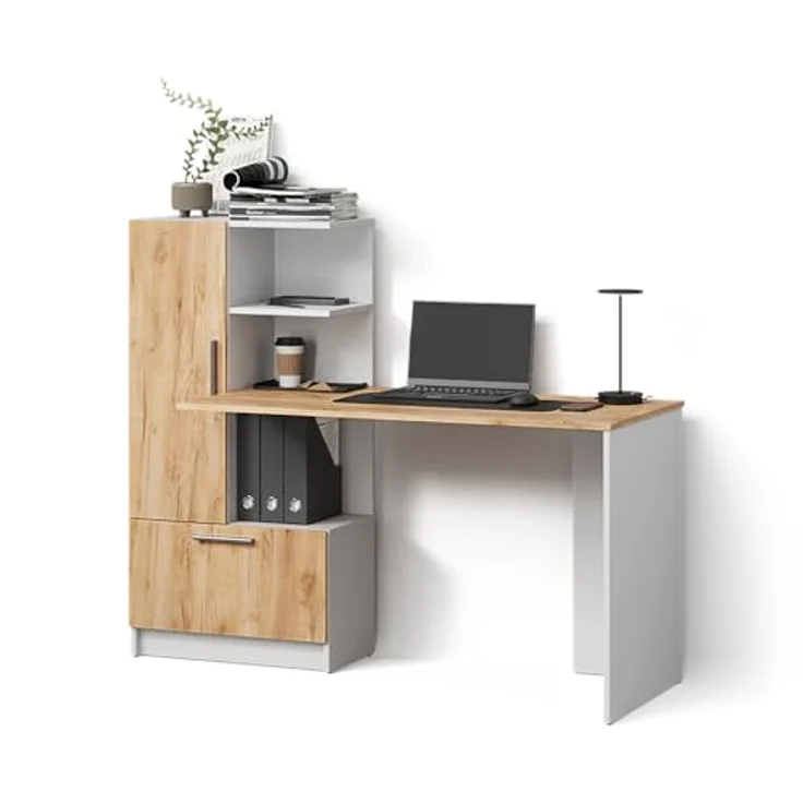 Livinity® Schreibtisch Lorena, Weiß/Goldkraft Eiche, 150 x 120.1 cm mit 2 Türen (1-St) – Bild 2