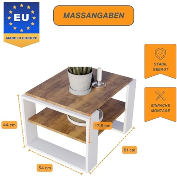 CraftPAK Couchtisch Wohnzimmertisch aus hochwertigem Holz - Couchtisch 54T x 63B x 44H cm – Bild 3