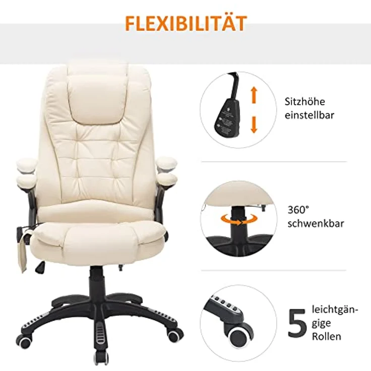 HOMCOM Schreibtischstuhl Bürostuhl mit Massagefunktion, mit Wärmefunktion, Chefsessel (Massagesessel, 1 St), für Wohnbereich, Cremeweiß – Bild 6
