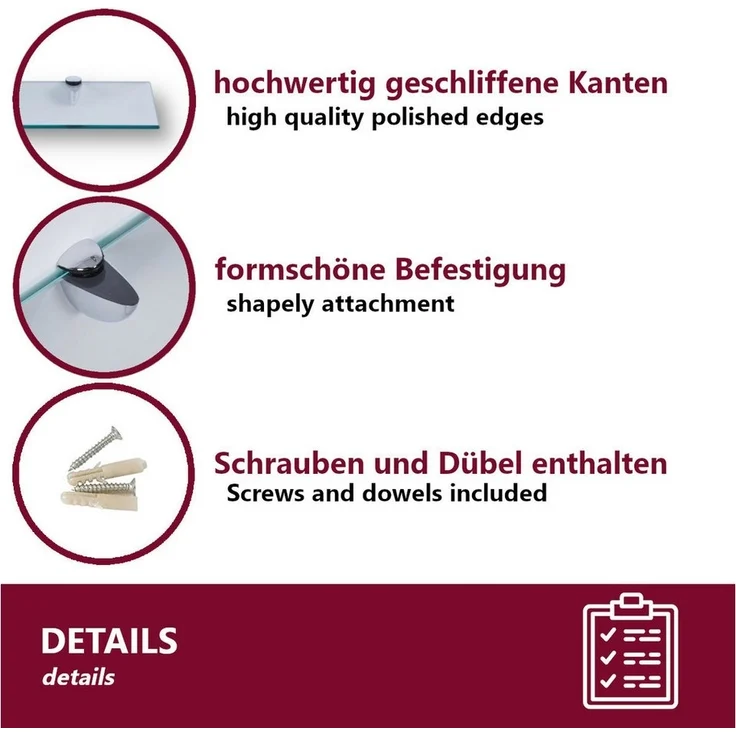 HOOZ Wandregal aus Sicherheitsglas mit Halterung - Klarglas - 40 x 18 x 0,6 cm, 1-tlg, mit geschliffenen Kanten – Bild 2