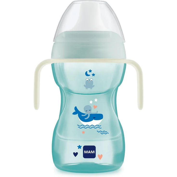 MAM Vaso Fun to Drink D120 Lernbecher mit harter Ausguss, Schutzdeckel und rutschfesten Griffen und Deckel für Babys ab 8 Monaten, 270 ml, Blau (Ausführung kann abweichen)