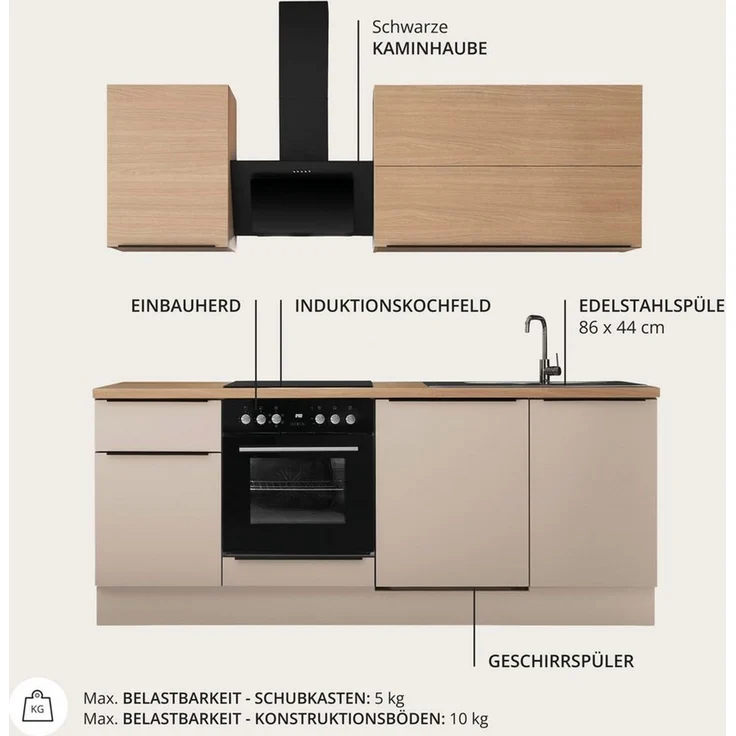 KOCHSTATION Küchenzeile Cocco B/H/T 220x211x60 cm, Breite 220 cm, wahlweise mit E-Geräten und Induktion – Bild 3