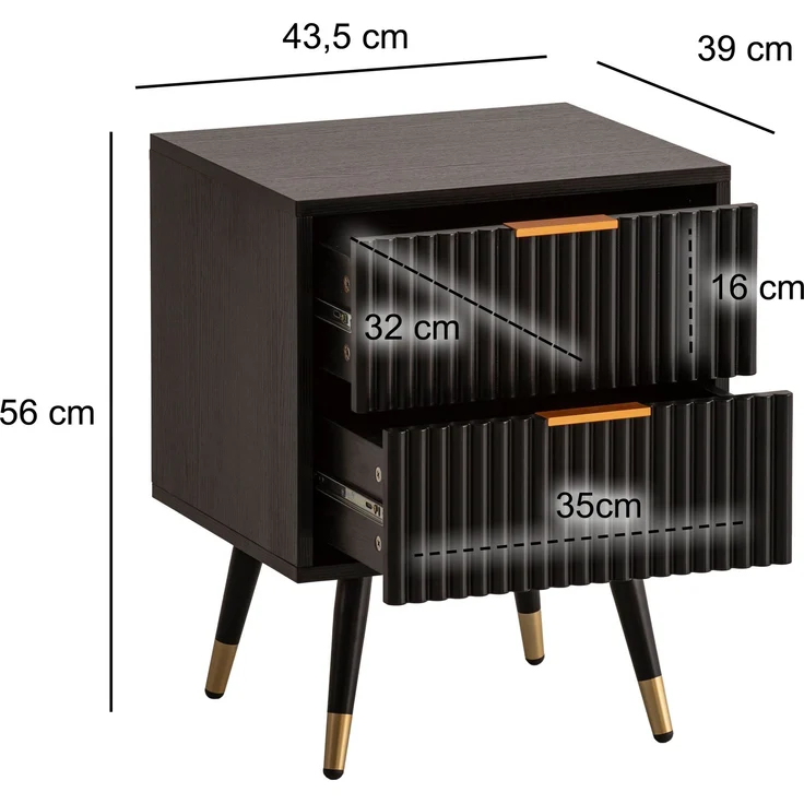 FINEBUY Nachttisch FB105032 (Eiche-Dekor 43,5x39x56 cm, Nachtschrank Schwarz), Nachtkonsolen Schublade, Nachtkästchen Stauraum – Bild 3