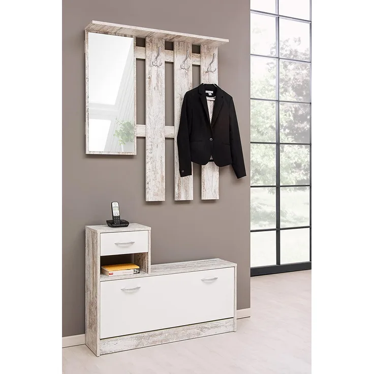 Eingangsmöbel mit Spiegel, Eingang für Flur mit Schuhregal, Taschenleerer für kleine Wohnungen, cm 100x25h180, Farbe Weiß und Birke