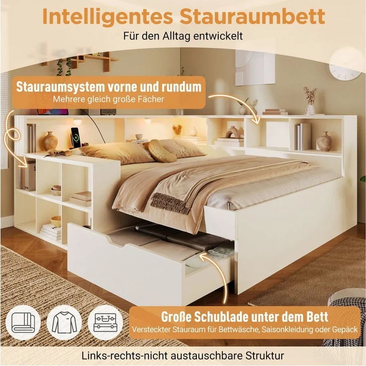 Celya Holzbett Tagesbett, Funktionsbett mit Stauraum und Leselicht (ohne Matratze, mit Schubladen und Offenem Regal), mit Drei USB-Anschlüsse und ein Typ-C-Anschluss – Bild 3