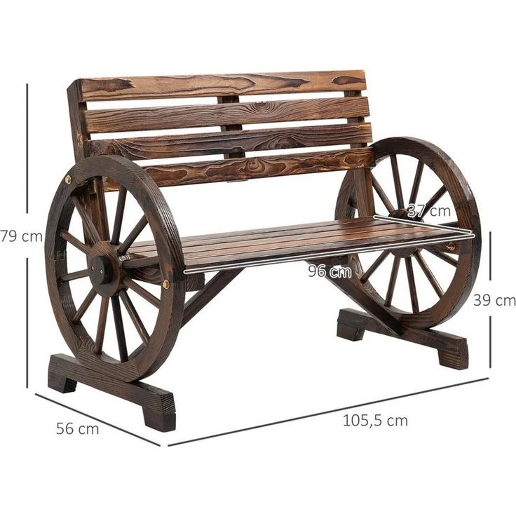 Outsunny Gartenbank 2-Sitzer Sitzbank Holzbank Parkbank im Wagenrad-Design, Bank mit Armlehne im Landhausstil bis 240 kg belastbar Tannenholz Verkohlt 105,5 x 56 x 79 cm – Bild 2