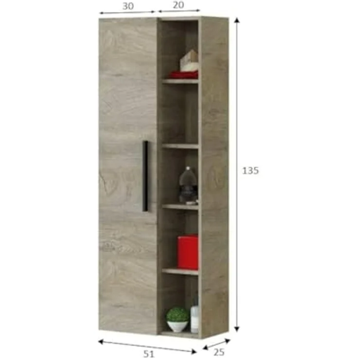 Dmora - Säulenschrank LosAngeles, 1-türiger Badezimmerschrank, Hängewandschrank mit 5 Regalen, 51x25h135 cm, Eiche – Bild 3
