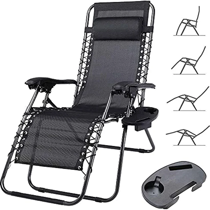 BAKAJI Stuhl Schwerkraft Zero Gartenliege, zusammenklappbar, platzsparend, mit Tablett aus Stahl 22 mm, neigbar, aus Oxford-Stoff, atmungsaktiv, Terrasse, Außenpool (Schwarz) – Bild 2