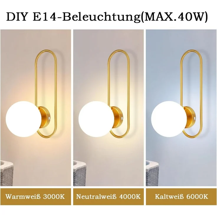ZMH Wandleuchte innen Gold Vintage Glas E27/E14 Wandlampe Schlafzimmer Flur, ohne Leuchtmittel, E14-Fassung,Metall & Glas, max. 40 W,1-flammig – Bild 4