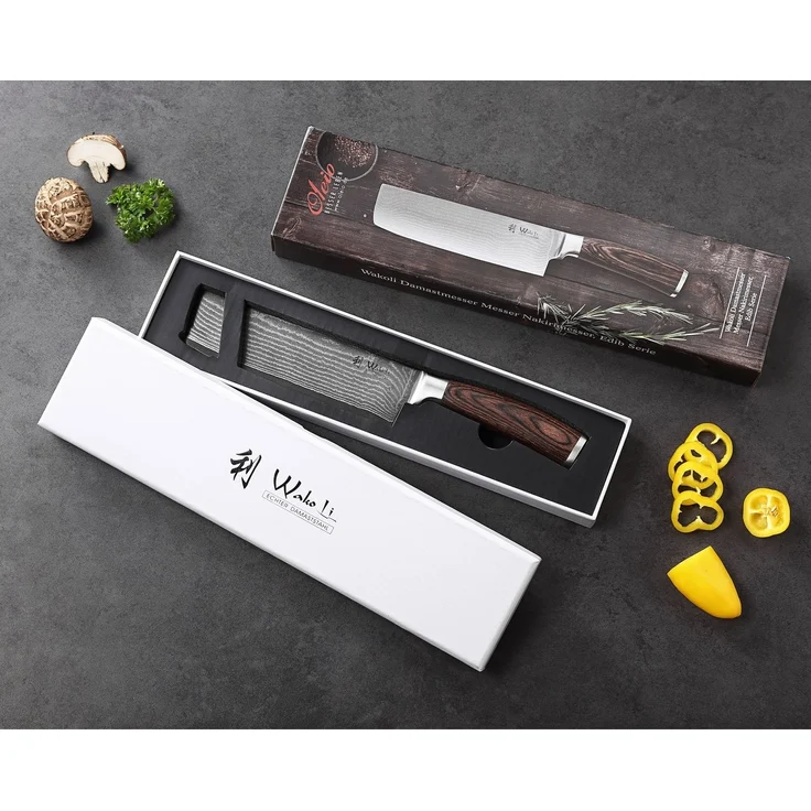 Wakoli Asiamesser EDIB Nakirimesser I Kochmesser Küchenmesser I 17,5 cm Klinge, VG10 Kern, 67 Lagen Damaststahl, Pakkaholzgriff, inkl. Geschenkbox – Bild 3