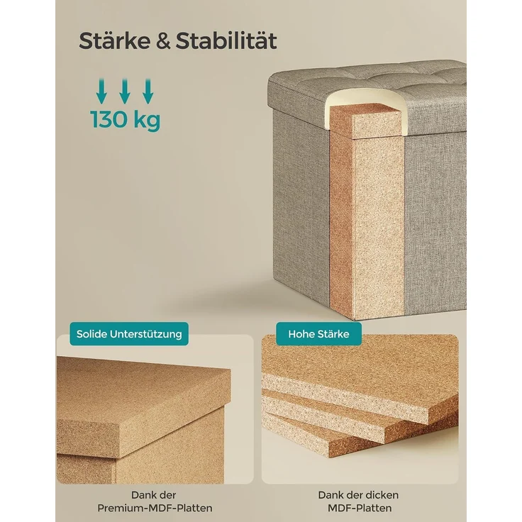 Songmics Sitzhocker mit Stauraum, faltbarer Hocker, Leinenimitat / MDF kamelbraun, 30 x 30 x 30 cm – Bild 4