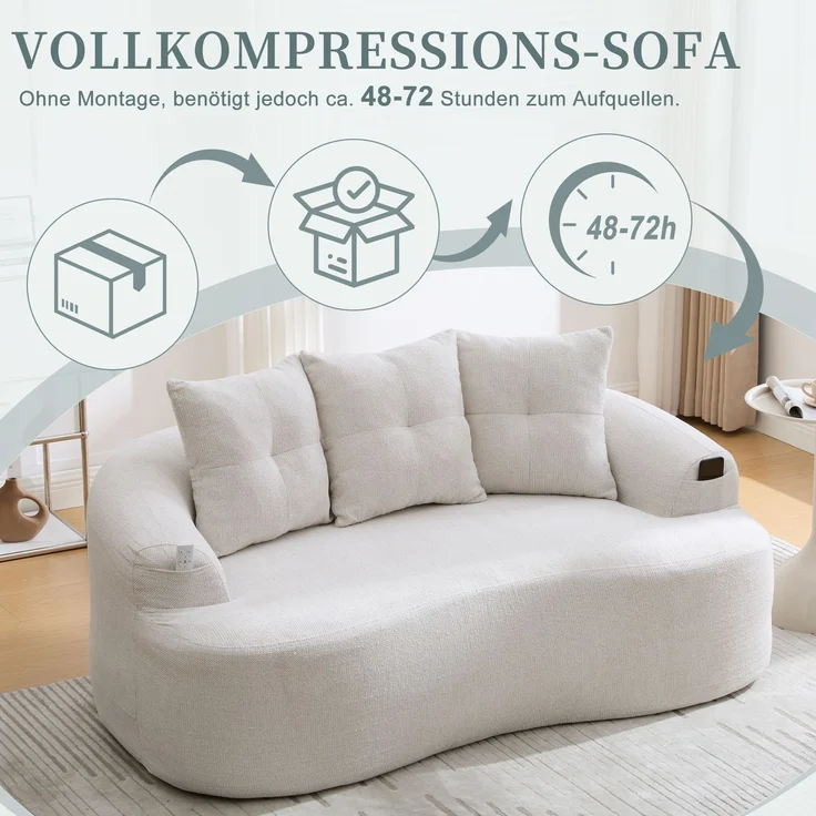 LVHOM 2-Sitzer Sofa mit 3 Kissen, Cloud Sofa mit komprimiertem Design, kein Aufbau erforderlich, Doppelsofa aus Chenille, Beige – Bild 6
