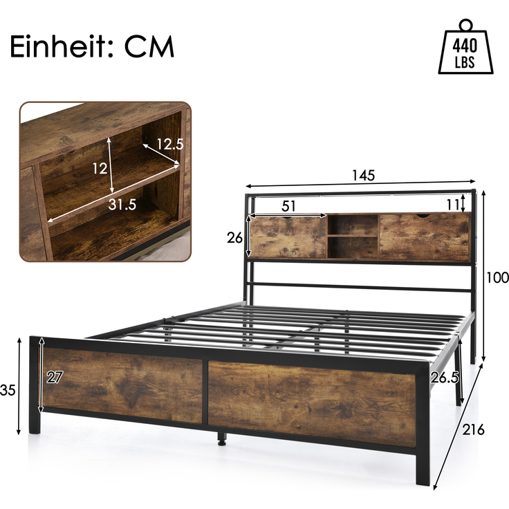 Metallbett mit Stauraum-Kopfteil & Metallgestell, 145x216x100 cm, Natural, ohne Matratze – Bild 10