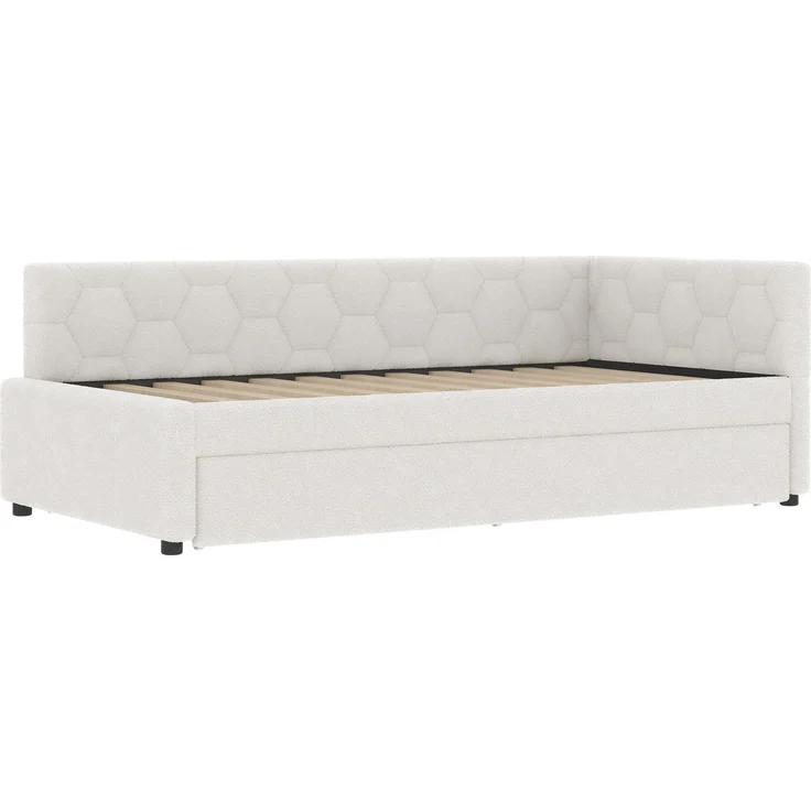 Daybett, 90*200cm Tagesbett, Schlafsofa, Bett mit Lattenrost (ohne Matratze), mit Nachttischlampe, mit multifunktionalem Ausziehbett, USB-Anschluss, Typ-C, Komfortmaterial, Boucle, Weiß – Bild 10