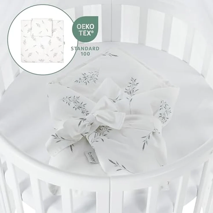 Waldin Oval Baby-Bett Mitwachsend Komplett Set 7in1, Gitterbett, Kinderbett mit Matratze, Wickelkommode, Beistellbett, Holz Weiß, Stoffe Weiß Zweige – Bild 5