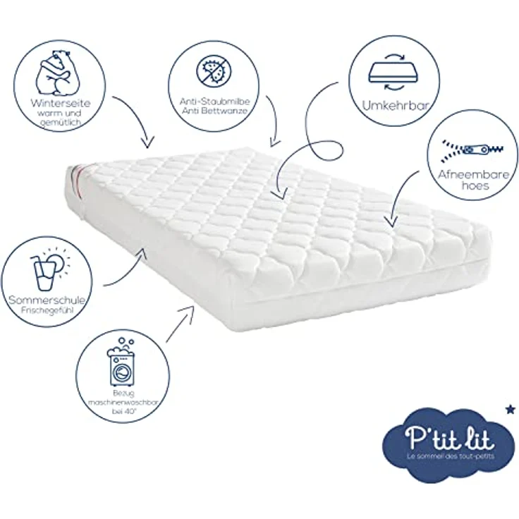 P'tit Lit - Perfekte Babymatratze - 70x140 cm - 2 Seiten: Ultra atmungsaktiv im Sommer/warm und gemütlich im Winter - Anti-Milbe - Abnehmbar - OekoTex® – Bild 4