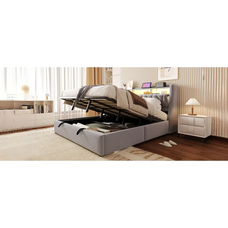 U-life Polsterbett 180x200 cm, fürs Schlafzimmer, hydraulischer Stauraum, klappbar, Steckdose und Ablagefach, LED-Beleuchtung, Sperrholz, Hellgrau – Bild 8