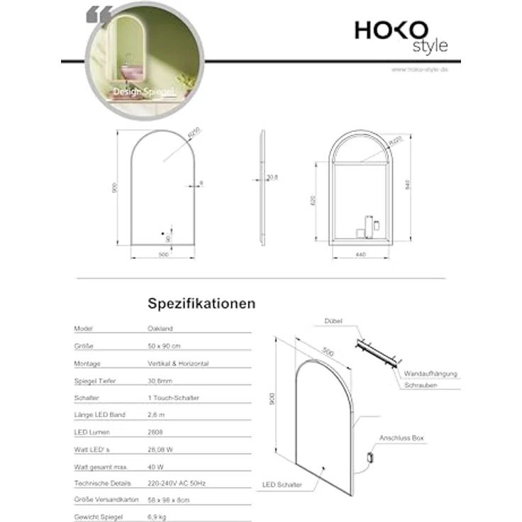 HOKO LED Badspiegel mit Beleuchtung, dimmbar, Touch-Sensor, Memory-Funktion, IP44, bogen 50x90 cm / 60x100 cm, Schwarz/Gold/Weiß – Bild 7