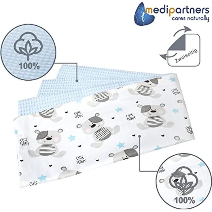 Medi Partners Babydecke Baby Decke Neugeborenen - Kuscheldecke Geschenk Babydecken 75x100 cm für Kleinkinder Mädchen Krabbeldecke Kinderbett Kinderwagen 100% Baumwolle (Teddybär mit hellblauen Waffel) – Bild 4