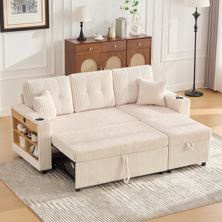 LVHOM Schlafsofa mit LED & USB, Ecksofa mit Ablagefächern, Schublade und Becherhaltern, Schlafcouch aus Cordstoff, frei Kombination, 196x144x85 cm