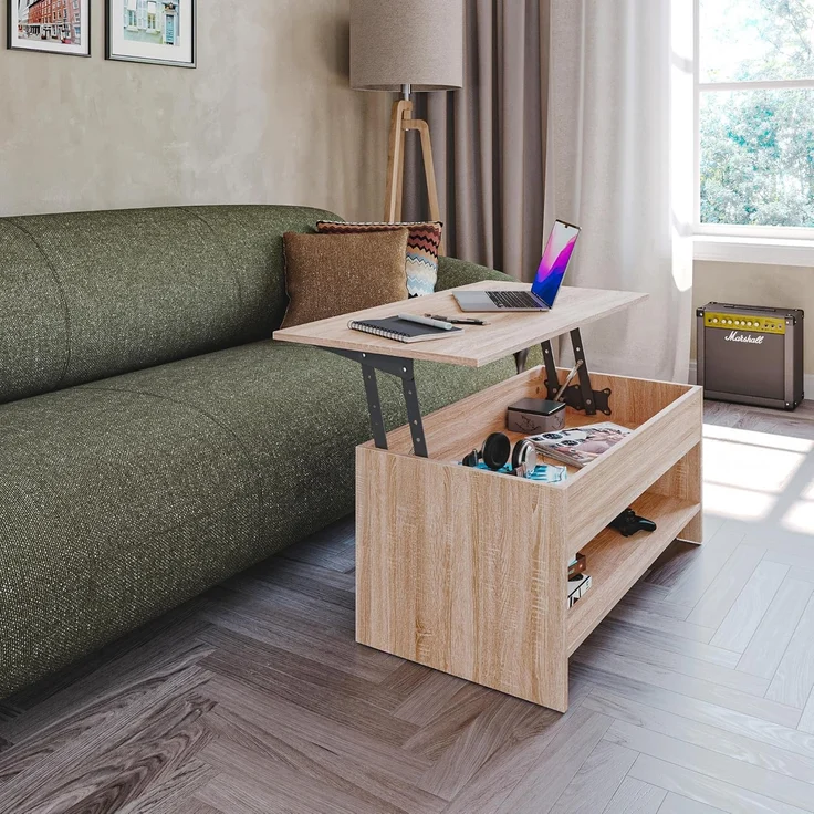 KOMTO Couchtisch Höhenverstellbar Wohnzimmertisch mit Stauraum Aufklappbar Sofatisch (Kaffeetisch Stubentisch, Spanplatte, Coffee Table Tokyo 98,4 x 50,4 x 48 cm) – Bild 4