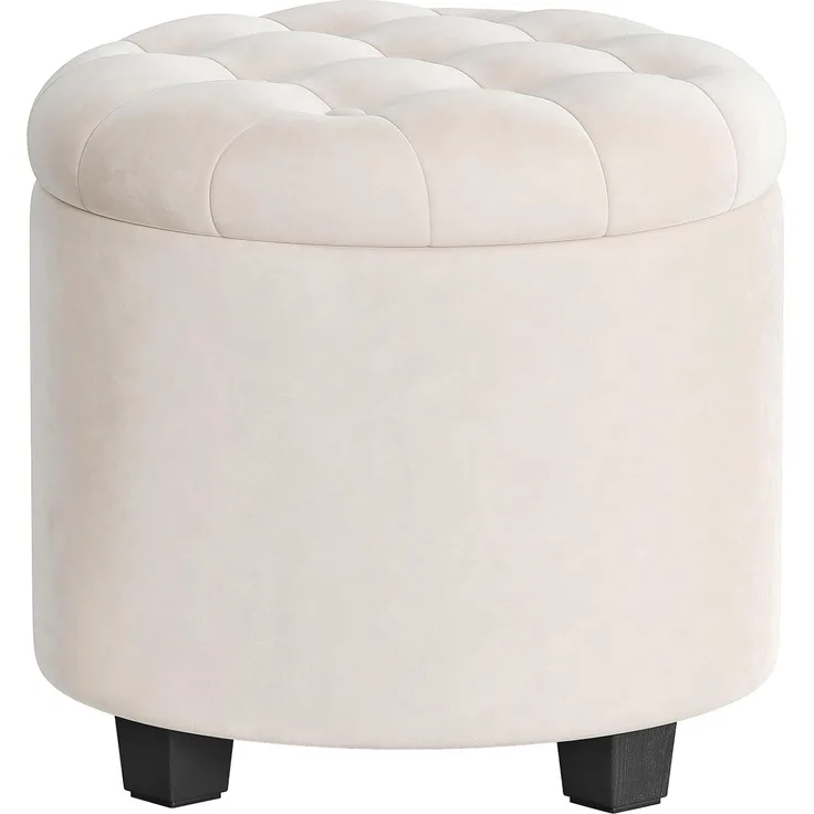 SONGMICS Sitzhocker rund, Fußhocker mit Stauraum, Schminkhocker mit Füßen, 45 x 45 x 44,5 cm, Samt, bis 150 kg belastbar, für Wohnzimmer Schlafzimmer, cremeweiß