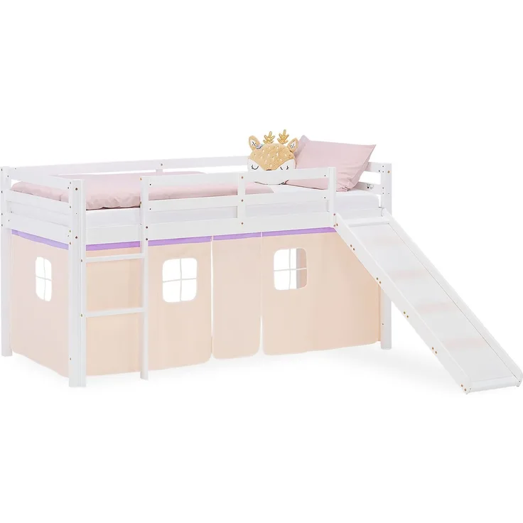 Hochbett Kinder 90x200 cm mit Rutsche Kinderbett Kinderhochbett Stockbett Vorhang Lila Peach Leiter Holz Massiv