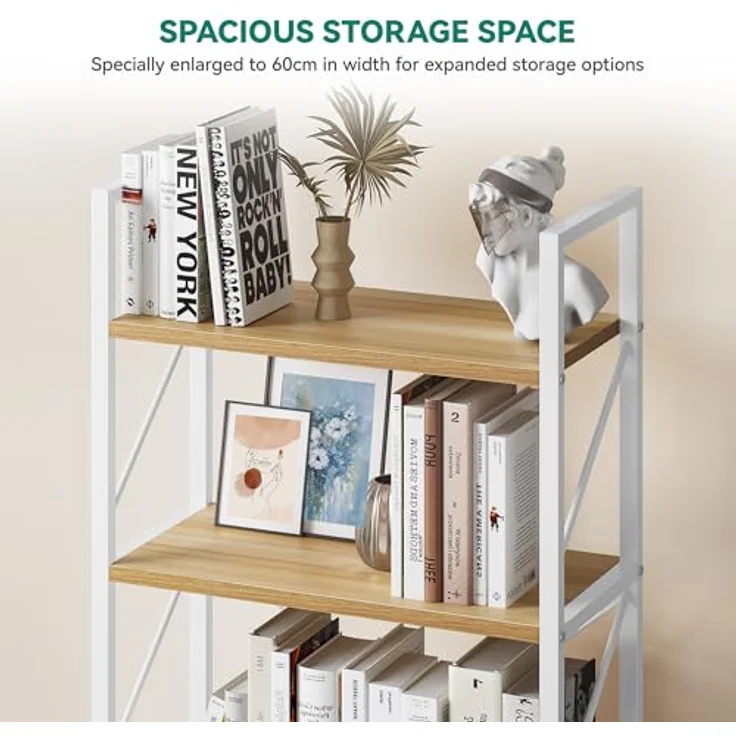 YITAHOME Bücherregal, Standregal mit 5 Ebenen, Hohes Lagerregal mit Metallrahmen, Industrielles Ausstellungsregal, Regaleinheiten, für Wohnzimmer, Schlafzimmer, Homeoffice, Küche, Weiß und Eiche Regal – Bild 6