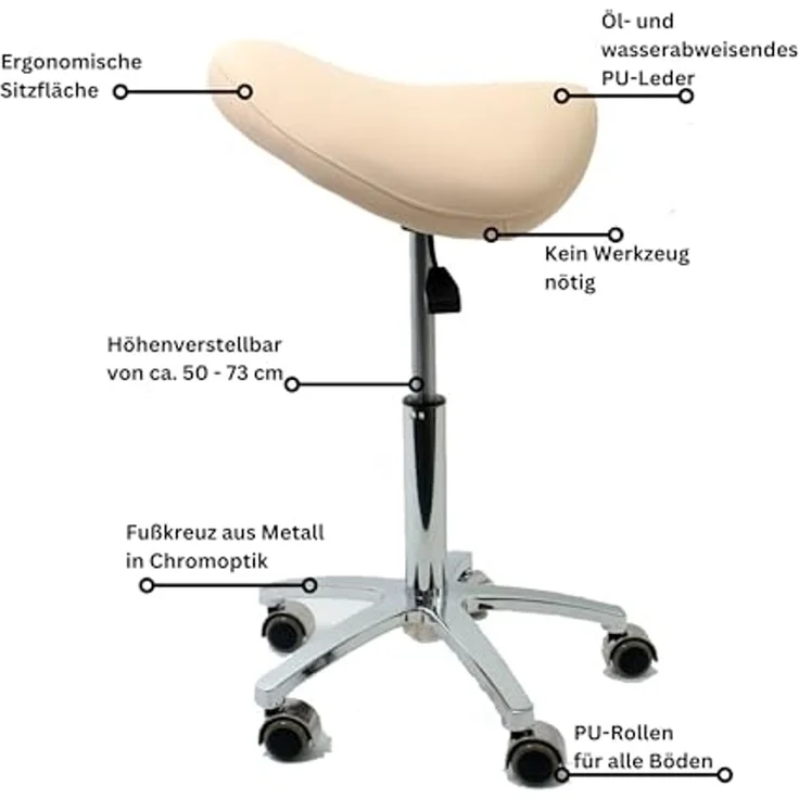 Duke-Handel Drehhocker Sattelhocker, Arbeitshocker, Bürohocker mit Metallfuß (1 St, Rollhocker mit oder ohne Fußring), stufenlosen Höhenverstellung von 50 bis 73cm, Belastbarkeit ca. 230 kg – Bild 7