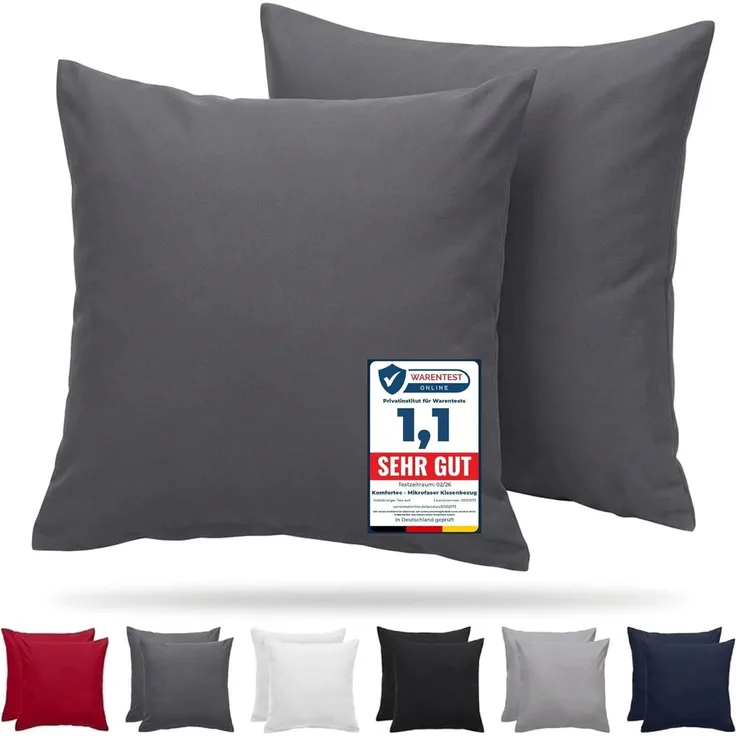 Komfortec Kissenbezug 80x80 cm 2er Set aus Gebürstet Mikrofaser mit Reißverschluss, Atmungskativ und Weich – Anthrazit