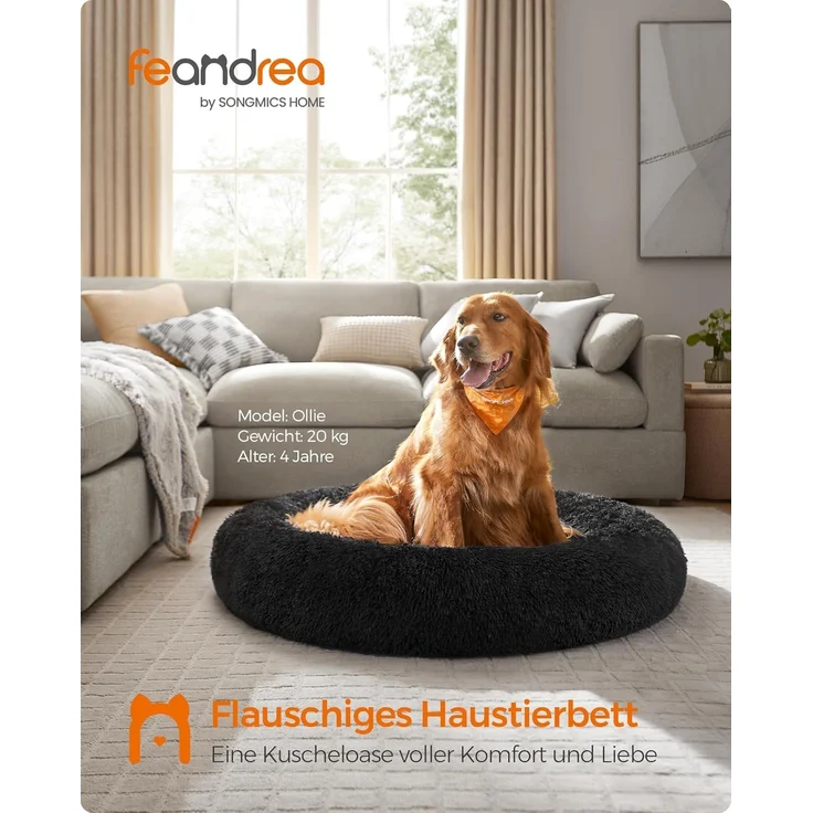 Feandrea Hundebett flauschig, Katzenbett, Donut Kissen, waschbar, Polsterung in der Mitte herausnehmbar, Langer Plüsch, 120 cm Durchmesser, tintenschwarz PGW043B01 – Bild 2
