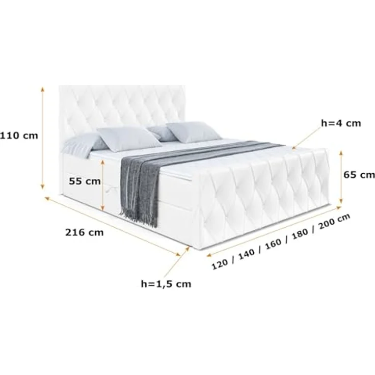 ALTDECOR AMAY Boxspringbett 180x200 cm, Polsterbett mit 21 cm hoher Matratze (H4), 4 cm Topper und Bettkasten, Weiß Kunstleder – Bild 2