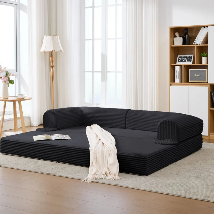 LVHOM Modulares Sofa 2 Sitzer, Schlafsofa mit Seitentaschen, Klappsofa mit Schlaffunktion, kein Aufbau erforderlich, Cord, Schwarz – Bild 3