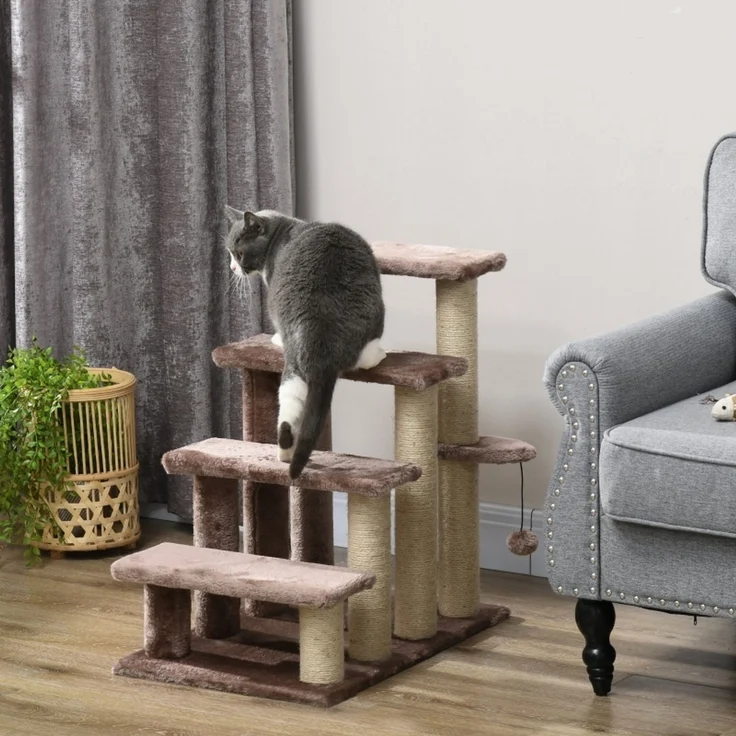 JARDJ Haustiertreppe, Kratzbaum, 4-stufig, für Tiere bis 5 kg, 60x40x64cm, Braun – Bild 2