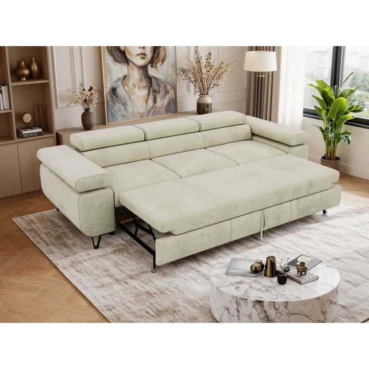 Polstersofa PETER, Sofa 3-Sitzer mit Schlaffunktion, verstellbaren Armlehnen und Kopfstütze, Gepolsterte Couch, Wellenfeder - Beige Velvet – Bild 5