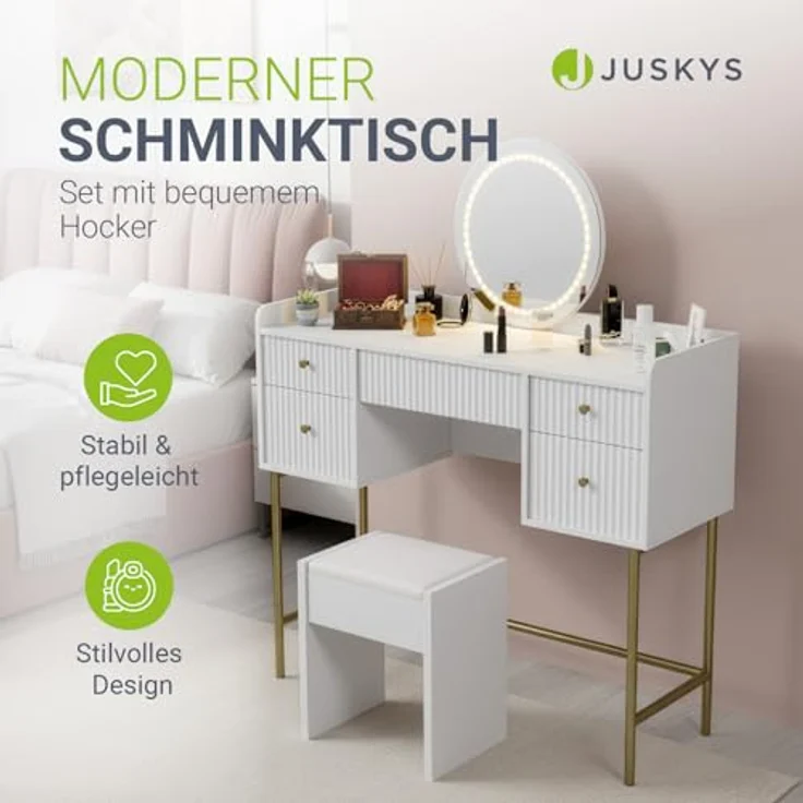 Juskys Schminktisch Samira & Hocker Melly mit Touch-LED-Spiegel, 5 Schubladen, viel Stauraum & elegantes Design für Schlafzimmer & Make-up – Weiß/Gold – Bild 3