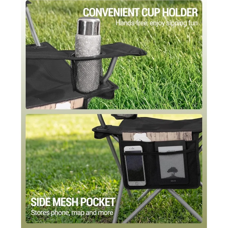 Campingstuhl, 2er Set, Campingstuhl Faltbar mit Getränkehalter und Tragetasch, Schwerlaststruktur bis 150 KG, Anglersessel Klappbar, Anglerstuhl, Gartenstuhl Outdoor, Schwarz – Bild 5