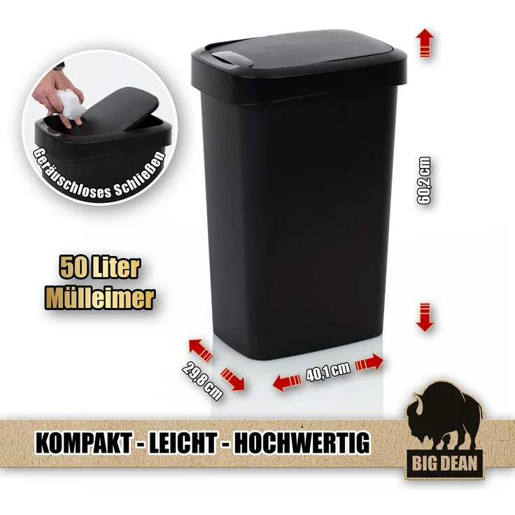 BigDean Mülleimer 50 Liter Schwing & Klappdeckel schwarz Küche – Bild 7