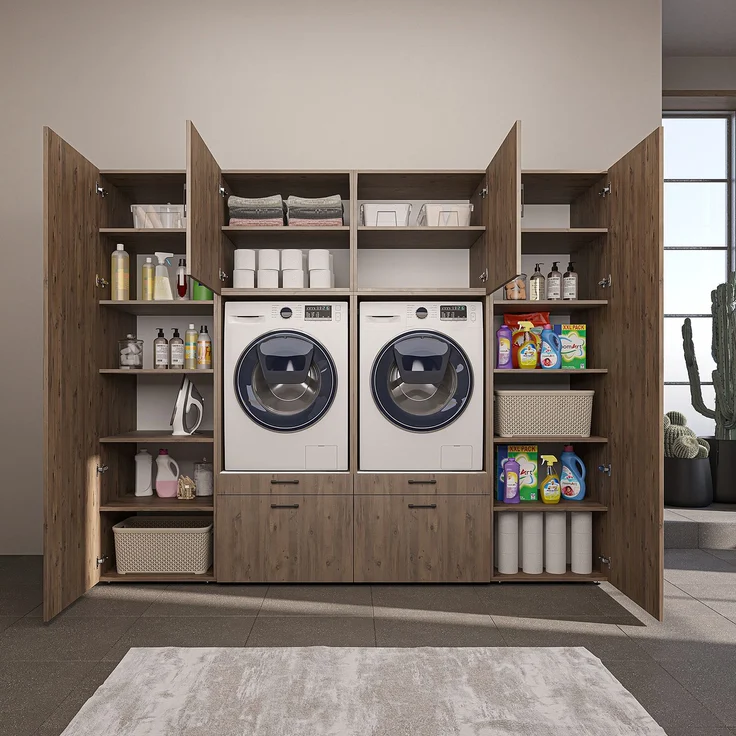 Roomart Waschmaschinenschrank SERIE-III Schrankwand 254 cm – 2 Geräte, Soft-Close | • Eiche – Bild 9