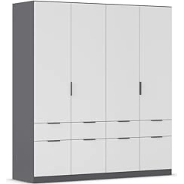 Rauch Möbel Dundee, Kleiderschrank, Schrank, Garderobe, Organizer, 4-türig, 8 Schubladen, Farbe Weiß/Grau metallic, Schwarz, Kurze Griffleiste Grau metallic, 181 x 197 x 54 cm – Bild 2
