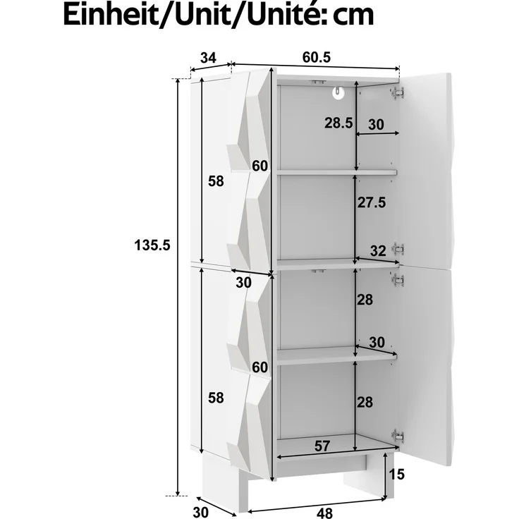 Schuhschrank Sideboard Kompaktsschrank Spanplatte Relief 4 Türen 4 Fächer verstellbare Böden Flur Wohnzimmer--Weiß--60.5x34x135.5cm--YOUDENOVA – Bild 4