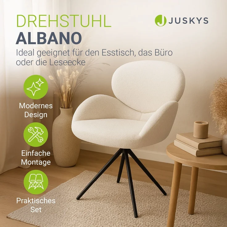 Juskys Drehstuhl Albano - Bouclé - 360° drehbar & gepolstert, pflegeleichter Bezug, verstellbare Metallfüße, modern, für Esszimmer & Küche - Creme 2er Set – Bild 2