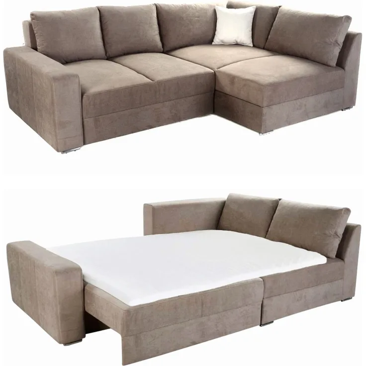 Ecksofa-Dauerschläfer Federkern Topper Bettkasten Schlafcouch in Hellbraun