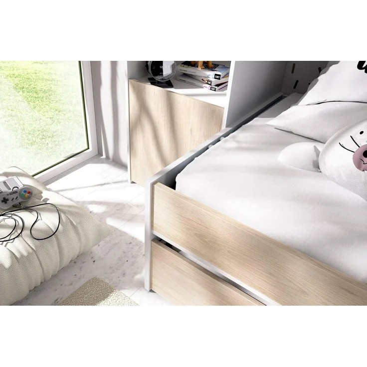 Dmora - Kinderbett Venturosa, Komplettes Schlafzimmer mit Bridge-Kleiderschrank und Kommode, Komposition mit Bett und Einzelausziehbett, 303 x 97 x 203 cm, Eiche und Weiß – Bild 4