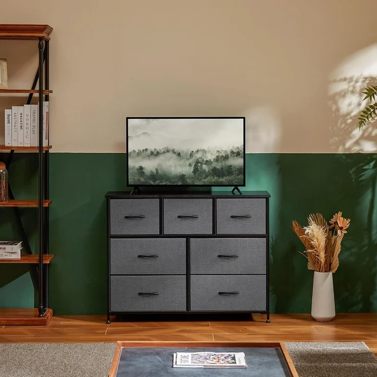 DUMOS Kommode für Schlafzimmer mit 7 Stoffschubladen hohe Kommode Organizer für Kleidung Schrank Kinderzimmer Aufbewahrungsturm mit Schrank Metallrahmen Holzplatte leichte Kinderzimmermöbel – Bild 8