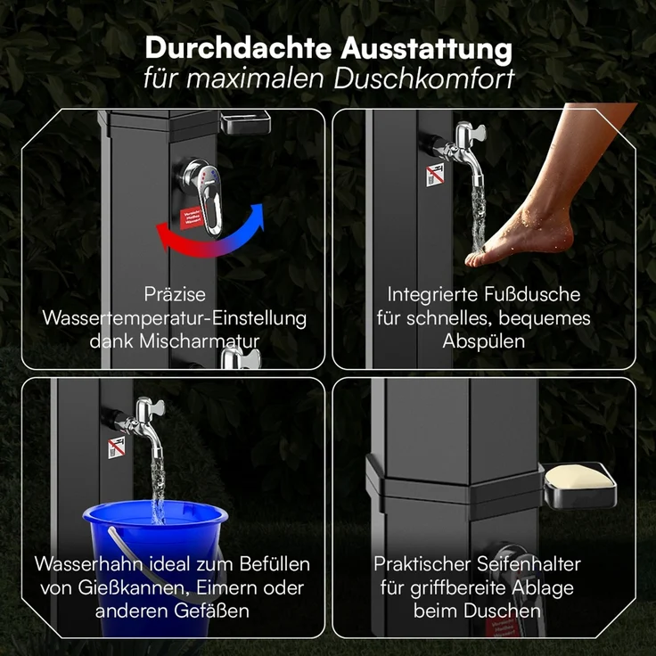 STEELSØN 'Xypher' Solardusche 60L, hexagon, schwarz, warmes Wasser bis 60°C, schwankender Regenduschkopf und Wasserhahn, Gartendusche inkl. Schutzhaube – Bild 4
