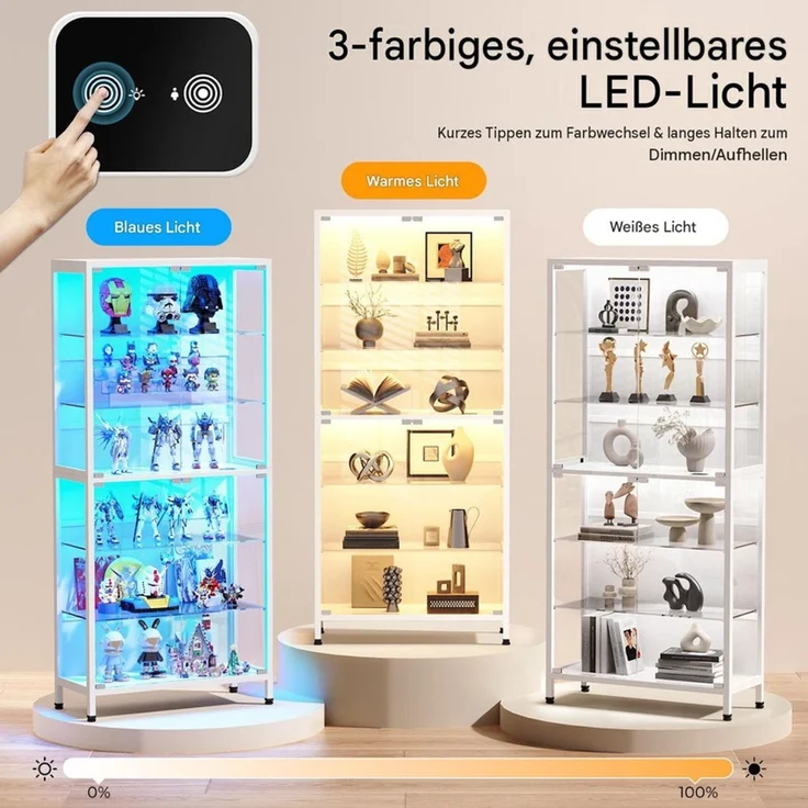 Glasvitrine 75x35x181 cm, 6-stöckige Vitrine mit LED-Beleuchtung, verstellbaren Glasböden und Sensor, Weiß – Bild 5