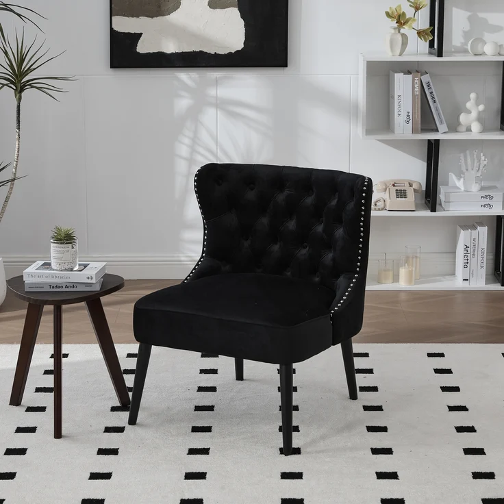 LVHOM Polsterstuhl aus Samt, Esszimmerstühle mit Knopfheftung, ohne Armlehnen, Massivholz Beine, Für Wohnzimmer, Büro & Schlafzimmer, Schwarz – Bild 2